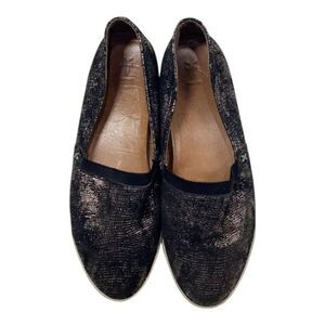 FRYE Melanie Slip On Leather  Black Gold Gunmetal Flats Comfort Shoes